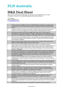 PLN Australia M&A Deal Sheet Here’s a quick look at what our M&A team has achieved over the past few years. For more information on the team or to discuss M&A opportunities, please contact us. John Ridgway Head of Lega