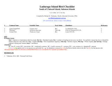 Ludurago Island Bird Checklist South of Choiseul Island, Solomon Islands99s41e Compiled by Michael K. Tarburton, Pacific Adventist University, PNG. [To communicate: please re-type e-mail address] #