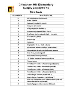 Cheatham Hill Elementary Supply List[removed]Third Grade QUANTITY 24