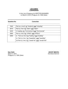 LOK SABHA CORRIGENDA to the List of Questions for WRITTEN ANSWERS on March 9, 2015 /Phalguna 18, 1936 (Saka)  Question No.