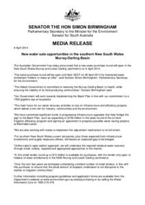 New water sale opportunities in the southern New South Wales Murray-Darling Basin