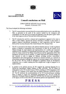 EN  COUCIL OF THE EUROPEA UIO  Council conclusions on Mali