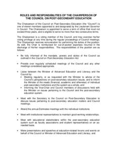 ROLES AND RESPONSIBILITIES OF THE CHAIRPERSON OF THE COUNCIL ON POST-SECONDARY EDUCATION