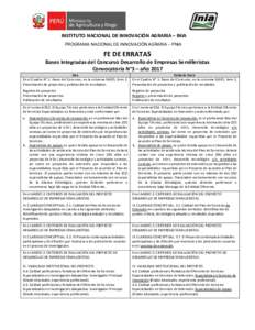 INSTITUTO NACIONAL DE INNOVACIÓN AGRARIA – INIA PROGRAMA NACIONAL DE INNOVACIÓN AGRARIA – PNIA FE DE ERRATAS  Bases Integradas del Concurso Desarrollo de Empresas Semilleristas