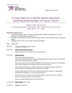 Dialogue Research Action  Critical Inquiries in Mental Health Inequities: Exploring Methodologies for Social Justice Simon Fraser University 515 West Hastings, Vancouver, BC , Coast Salish Territories