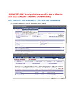 ASSUMPTION: ONLY Security Administrators will be able to follow the steps below to REQUEST SITE CODES (DUNS NUMBERS) STEPS TO REQUEST DUNS NUMBERS (SITE CODES) FOR YOUR ORGANIZATION 1) Select My Organization-> View my Or