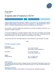 Press Release - 3i agrees sale of Inspecta