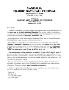 Vandalia Prairie Days Fall Festival September 24, 2016 9:00 am to 4:00 pm Sponsored by