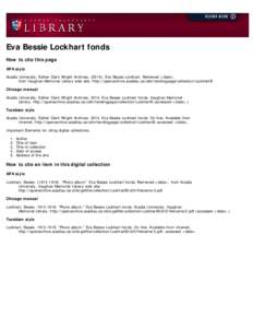 Eva Bessie Lockhart fonds How to cite this page APA style Acadia University, Esther Clark Wright Archives[removed]Eva Bessie Lockhart. Retrieved <date>,           from Vaughan Memorial Library web site: http:/