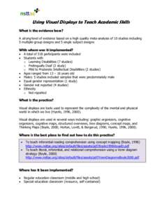 Using Visual Displays to Teach Academic Skills What is the evidence base? A strong level of evidence based on a high quality meta-analysis of 10 studies including 5 multiple-group designs and 5 single subject designs  Wi