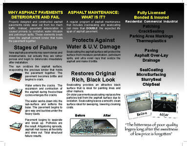 WHY ASPHALT PAVEMENTS DETERIORATE AND FAIL Properly designed and constructed asphalt pavements rarely wear out from too much traffic. Instead, pavement deterioration is caused primarly by oxidation, water intrusion