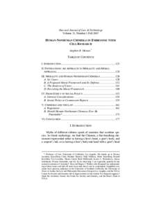 Harvard Journal of Law & Technology Volume 21, Number 1 Fall 2007 HUMAN-NONHUMAN CHIMERAS IN EMBRYONIC STEM CELL RESEARCH Stephen R. Munzer*