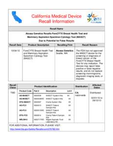 California Medical Device Recall Information Recall Name Atossa Genetics Recalls ForeCYTE Breast Health Test and Mammary Aspiration Specimen Cytology Test (MASCT) Due to Potential for False Results