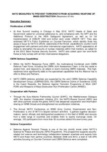 NATO MEASURES TO PREVENT TERRORISTS FROM ACQUIRING WEAPONS OF MASS DESTRUCTION (Resolution[removed]Executive Summary Proliferation of WMD 