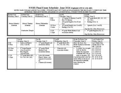 NNHS Final Exam Schedule: June[removed]Updated[removed]:56 AM) NOTES: EARLY EXAMS ARE NOT ALLOWED. STUDENTS MAY NOT TAKE AN EXAM BEFORE THE REGULARLY SCHEDULED TIME. EXTENDED TIME MUST BE PRE-ARRANGED BY AN INDIVIDUAL STU