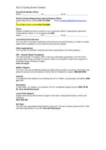 SG 3.3 Cycling Event Contacts Event/Club Welfare Officer Name: ___________________ Tel: ________________ Email: ______________________ British Cycling Safeguarding Lead and Deputy Officer Inside Office Hours number 0161 