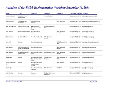 Attendees of the TMDL Implementation Workshop September 13, 2004 Name Title  Andrew J. Bowen
