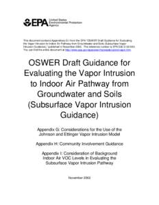 This document contains Appendices G-I from the EPA “OSWER Draft Guidance for Evaluating the Vapor Intrusion to Indoor Air Pathway from Groundwater and Soils (Subsurface Vapor Intrusion Guidance),” published in Novemb