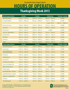 Sacramento State Campus Eateries  HOURS OF OPERATION Thanksgiving WeekNorth Campus Eateries