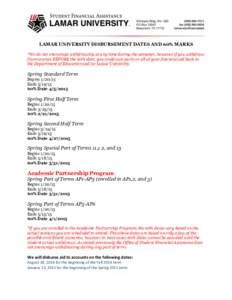 LAMAR UNIVERSITY DISBURSEMENT DATES AND 60% MARKS *We do not encourage withdrawing at any time during the semester, however if you withdraw from courses BEFORE the 60% date, you could owe parts or all of your financial a