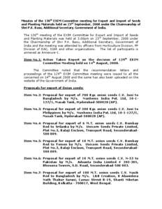 Minutes of the 130th EXIM Committee meeting for Export and Import of Seeds and Planting Materials held on 23rd September, 2008 under the Chairmanship of Shri P.K. Basu, Additional Secretary, Government of India. The 130t