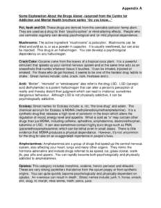 Appendix A Some Explanation About the Drugs Above -(sourced from the Centre for Addiction and Mental Health brochure series “Do you know...” Pot, hash and Oil: These drugs are derived from the cannabis sativa or hemp