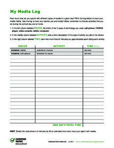 My Media Log How much time do you spend with different types of media in a given day? Fill in the log below to track your media habits. Use the log to track your device use and media habits; remember to include activitie