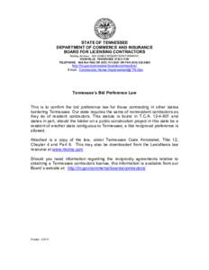 STATE OF TENNESSEE  DEPARTMENT OF COMMERCE AND INSURANCE  BOARD FOR LICENSING CONTRACTORS  Mailing Address:  500 JAMES ROBERTSON PARKWAY  NASHVILLE, TENNESSEE 37243­1150  TELEPHONE:  800­544­769