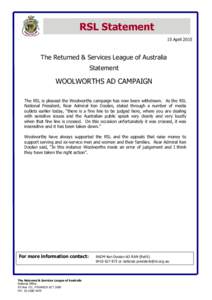 RSL Statement 15 April 2015 The Returned & Services League of Australia Statement