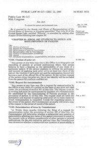 Law / Property law / Patent / Title 35 of the United States Code / United States Patent and Trademark Office / Reexamination / Inventor / Prior art / Bayh–Dole Act / Patent law / Civil law / United States patent law