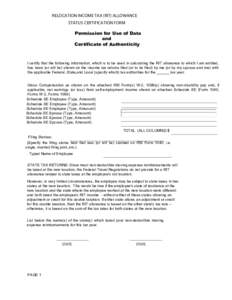 RELOCATION INCOME TAX (RIT) ALLOWANCE STATUS CERTIFICATION FORM Permission for Use of Data and Certificate of Authenticity