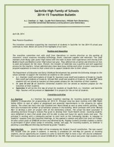 Sackville High Family of Schools[removed]Transition Bulletin A.J. Smeltzer Jr. High, Caudle Park Elementary, Hillside Park Elementary, Sackville Centennial Elementary and Sycamore Lane Elementary  April 28, 2014