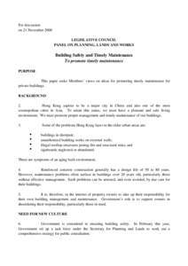 For discussion on 21 November 2000 LEGISLATIVE COUNCIL PANEL ON PLANNING, LANDS AND WORKS  Building Safety and Timely Maintenance