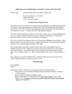 NEBRASKA STATE HISTORICAL SOCIETY COLLECTION RECORD RG2681.AM: Nebraska Baptist State Convention, Omaha, Neb. Records and histories: Omaha, Nebraska