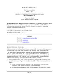 COASTAL CONSERVANCY Staff Recommendation August 2, 2012 ALISO AND WOOD CANYONS WILDERNESS PARK: SIGNAGE PROGRAM Project No[removed]