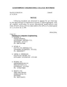 GOVERNMENT ENGINEERING COLLEGE WAYANAD No.E2[removed]2014 Dated: NOTICE