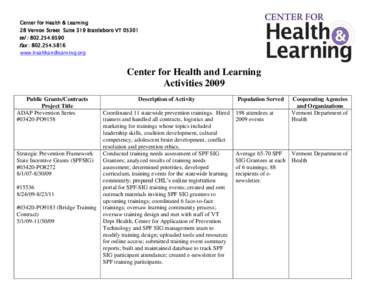 Center for Health & Learning 28 Vernon Street Suite 319 Brattleboro VT[removed]tel : [removed]fax : [removed]www.healthandlearning.org