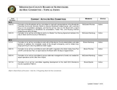 MENDOCINO COUNTY BOARD OF SUPERVISORS AD HOC COMMITTEE – TOPICAL INDEX DATE REFERRED