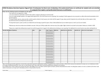 UTHSC Residency Interview Expenses Appeal Form: An allowance for direct costs of obtaining a first professional license or certificate for students who are enrolled in a program that requires such professional licensure 