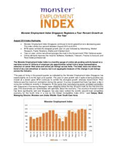 Monster Employment Index Singapore Registers a Four Percent Growth on the Year August 2014 Index Highlights:   