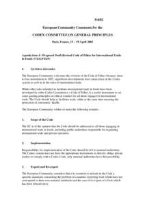 European Community Comments for the codex Committee on General Principles Paris, France, 15-19 April 2002 Agenda Item 4 : P...