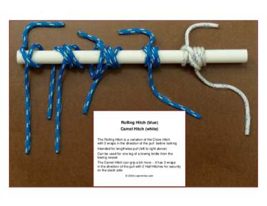 Rolling Hitch (blue) Camel Hitch (white) The Rolling Hitch is a variation of the Clove Hitch with 2 wraps in the direction of the pull before locking Intended for lengthwise pull (left to right above) Can be used for one