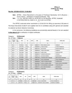 Office of Collector (Pt. Wing) Guntur Roc.No[removed]G3 Dt.: [removed]Sub:- APPSC – Direct Recruitment to the posts of Panchayat Secretaries, Gr.IV (26 posts) – Guntur District – Verification of Original Certi