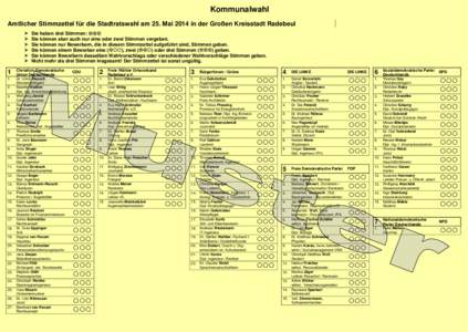 Kommunalwahl Amtlicher Stimmzettel für die Stadtratswahl am 25. Mai 2014 in der Großen Kreisstadt Radebeul    