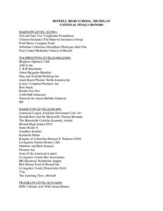 HOWELL HIGH SCHOOL, MICHIGAN NATIONAL FINALS DONORS MADISON LEVEL ($2500+) Ted and Jane Von Voigtlander Foundation Citizens Insurance/The Hanover Insurance Group Ford Motor Company Fund