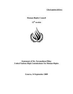 Check against delivery  Human Rights Council 12th session  Statement of Ms. Navanethem Pillay