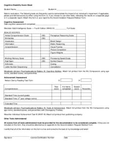 Cognitive Disability Score Sheet Student Name:___________________________ Student #:_________________________  Note to evaluators: The following tests are frequently used to demonstrate the impact of an individual’s im