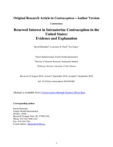 Original Research Article in Contraception—Author Version Commentary Renewed Interest in Intrauterine Contraception in the United States: Evidence and Explanation