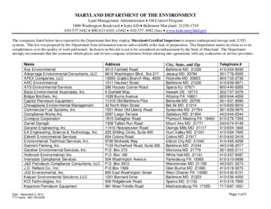 MARYLAND DEPARTMENT OF THE ENVIRONMENT  Land Management Administration • Oil Control Program 1800 Washington Boulevard • Suite 620 • Baltimore Maryland[removed][removed] • [removed]x3442 • [removed]