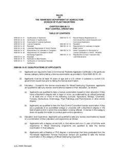 RULES OF THE TENNESSEE DEPARTMENT OF AGRICULTURE DIVISION OF PLANT INDUSTRIES CHAPTER[removed]PEST CONTROL OPERATORS